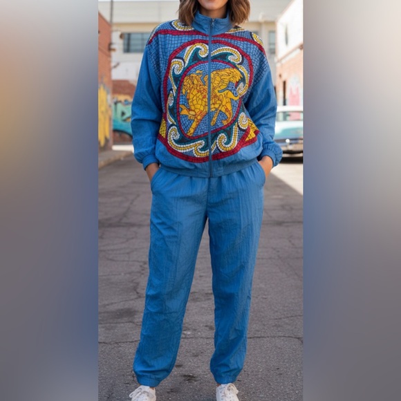 Pants - Vintage 80s Gallery Sport Mosaic Griffin Lion Full Zip Windbreaker Set Mens Sz M